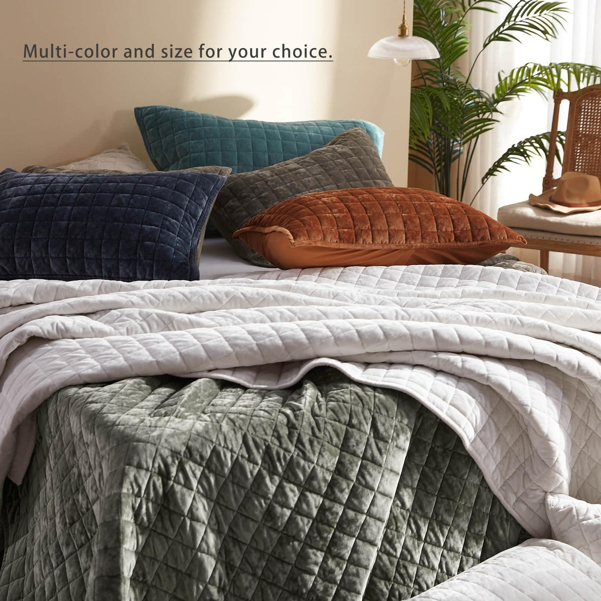 LEAONME Velvet Quilt King Size-98''x106'', Lightweight Olive Green Velvet Comforter Set with 2 Pillow Shams, Soft Bedspread Coverlet Quilted Bedding Set for All Season