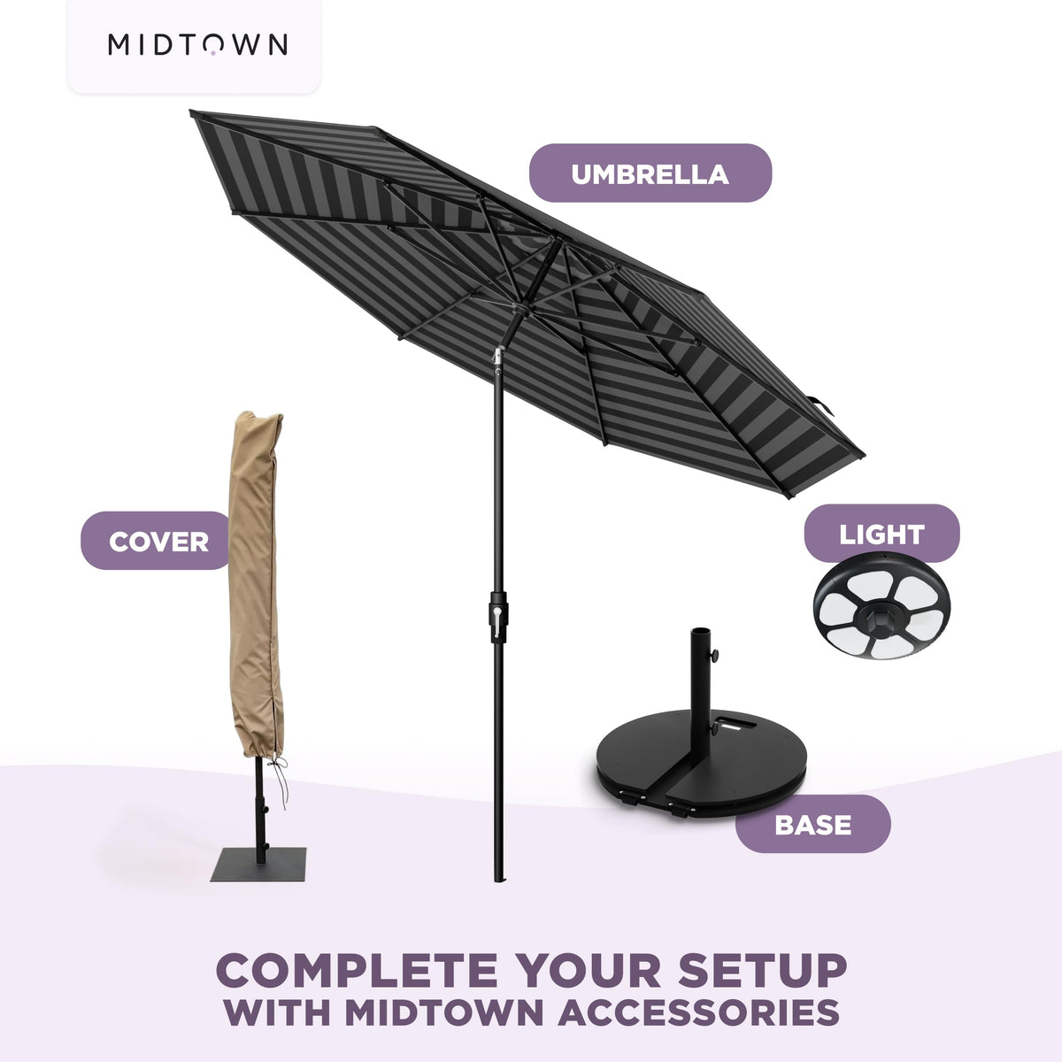 Midtown Umbrellas – The Swilt 9 Ft Patio Umbrella with 360° Swivel & Tilt Mechanism, Sunbrella Fabric & 8 Fiberglass Ribs – Outdoor Umbrella for Deck, Pool & Cafes – Black & White Canopy, Black Pole