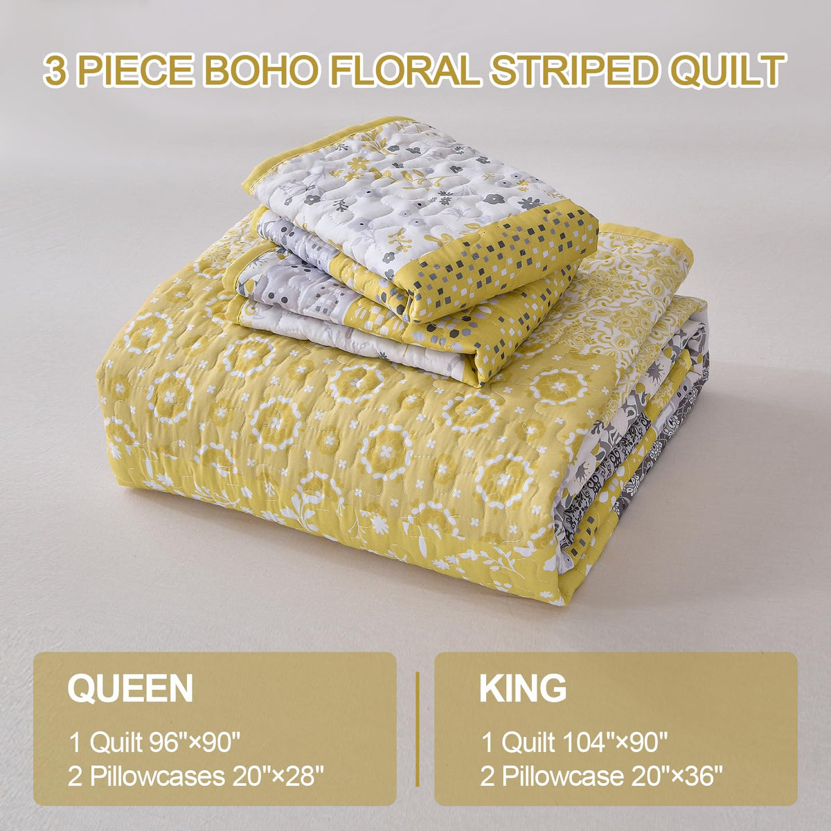 WONGS BEDDING Boho Quilt Set Queen, Yellow Bohemian Striped Patchwork Bedspread Coverlet Set with 2 Pillowcases, Microfiber Floral Bedding Set 96''×90''