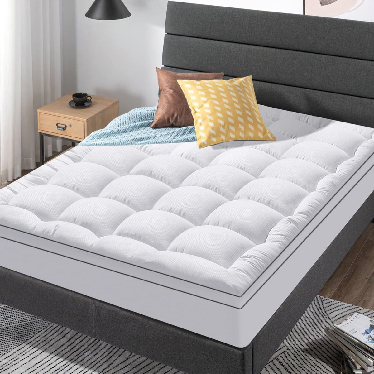 Full XL Size Mattress Topper for Back Pain, Cooling Extra Thick Mattress Pad Cover with 8-21 inch Deep Pocket, Plush Pillow Top Mattress Topper Overfilled with Down Alternative, Full Extra Long, White