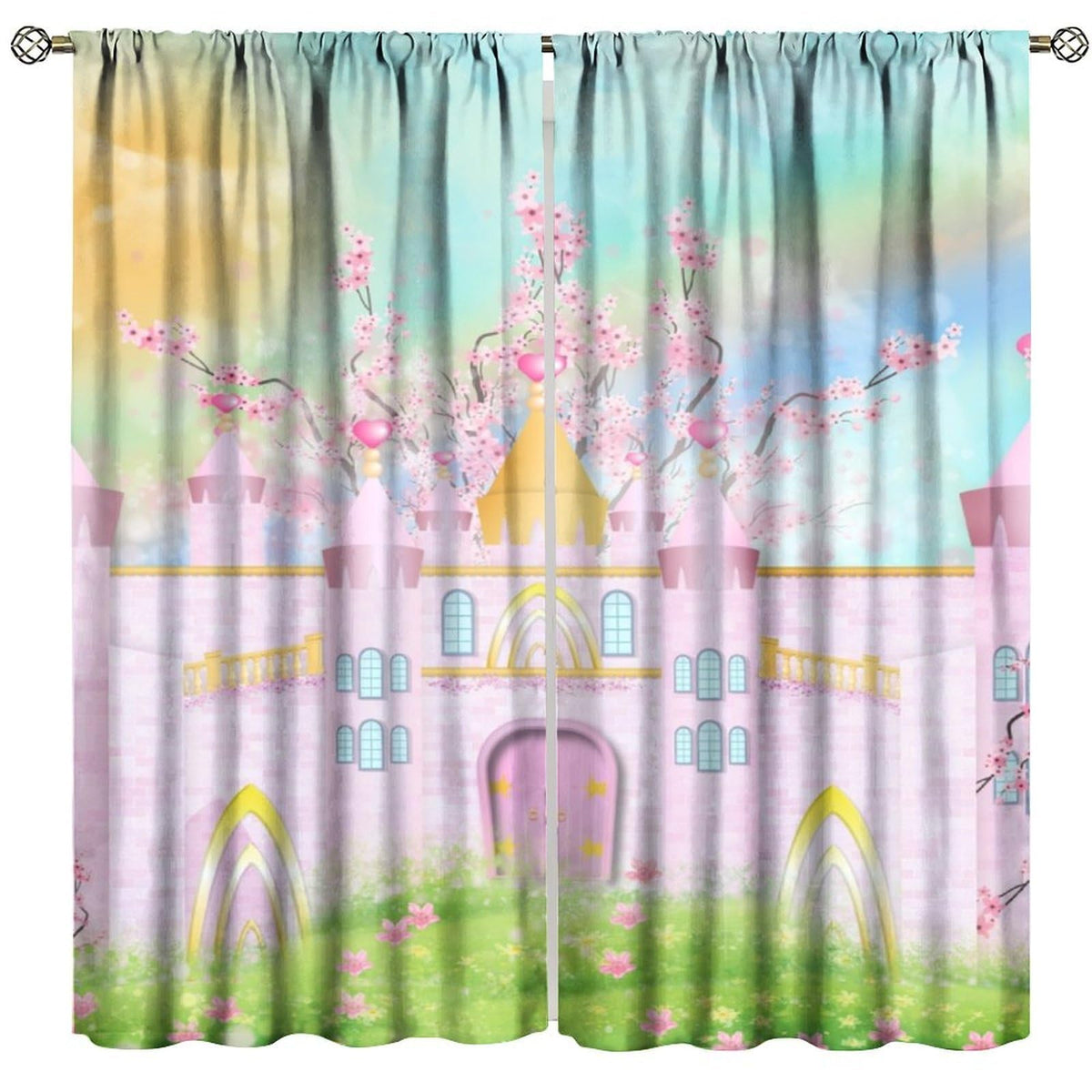 Pink Castle Curtains For Kids bedroom Cartoon Rainbow Pink Castle Pattern Rod Pocket Window Treatments For Girls Children Bedroom Nursery Living Room 2 Panels Set 41x 45 in (No Blackout)