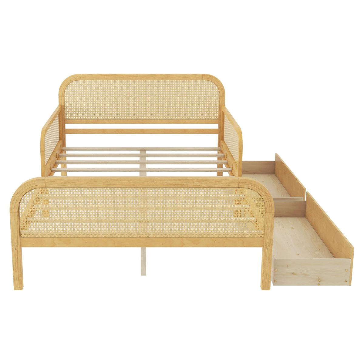 Duxelifin Full Kids Bed Frame with Storage Drawers,Rattan Wood Platform Bed with Headboard & Footboard, Low Profile Boho Daybed, No Box Spring Needed, Full Size Bed Frame for Boys Girls,Natural