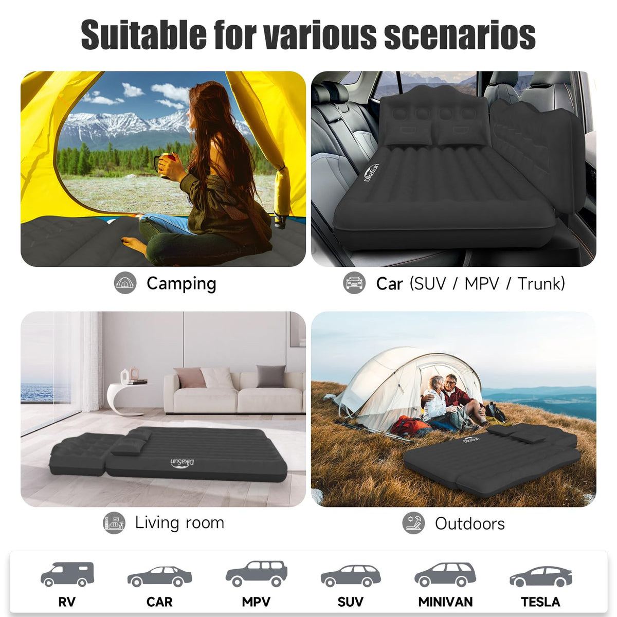 DikaSun Car Air Mattress, Inflatable SUV Truck Camping Mattress for Back Seat, Thickened Travel Car Bed Sleeping Pad with Air Pump 2 Pillows