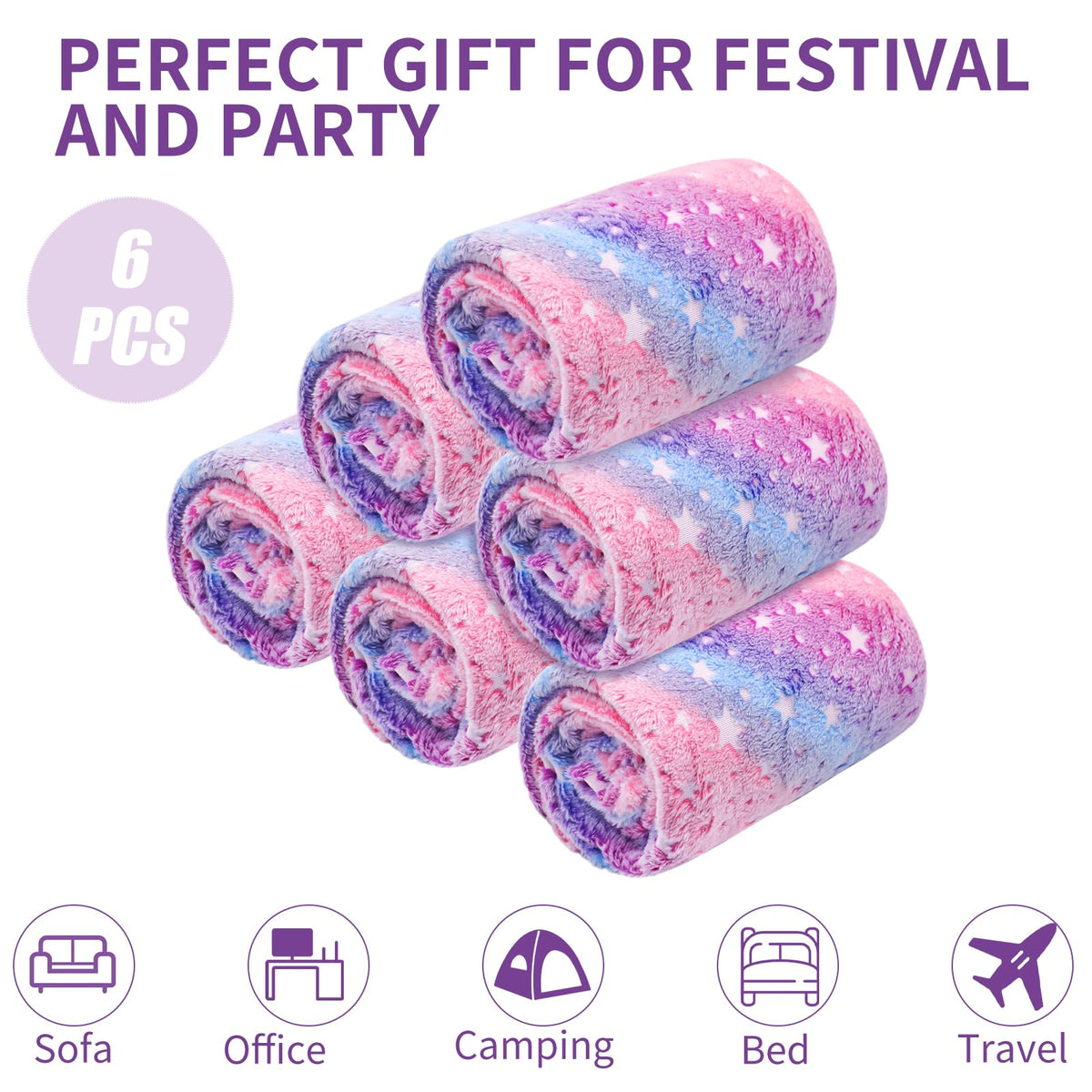 Wokuaile 6 Pcs Sleepover Party Supplies for Girl, Glow in The Dark Fleece Blankets Kids Warm Flannel Blanket for Teenager Bed Travel SPA Movie Party, Star, 40"x60"