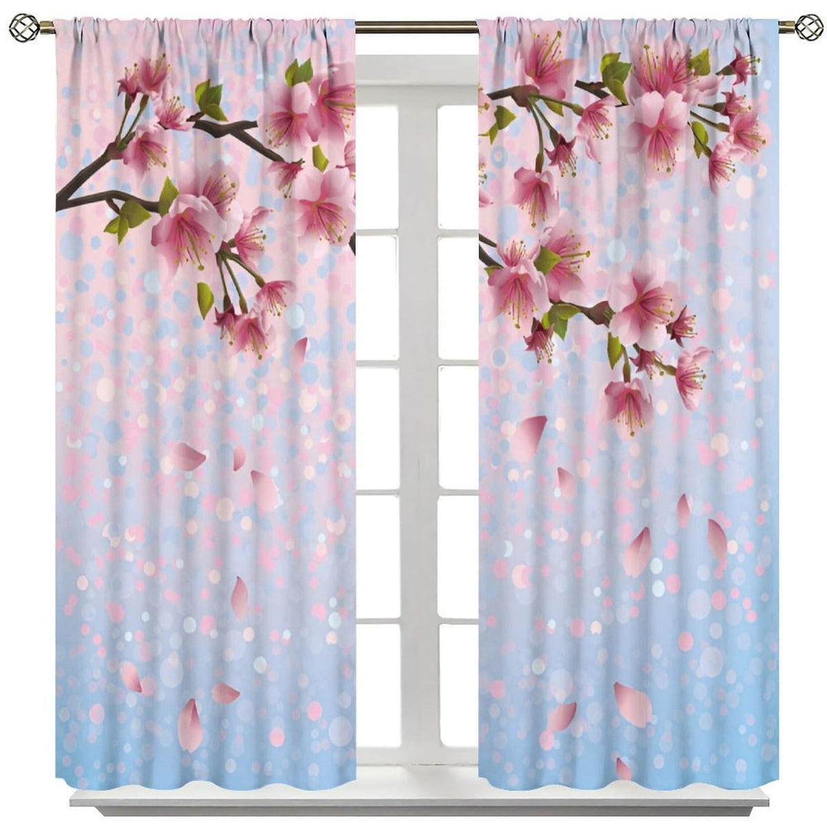 Mchenxin Colorful Spring Flower Curtains for Kitchen, Japanese Cherry Branch Falling Petals Print Window Drapes Curtains for Bedroom Bathroom Cafe, 42x45in (No Blackout)