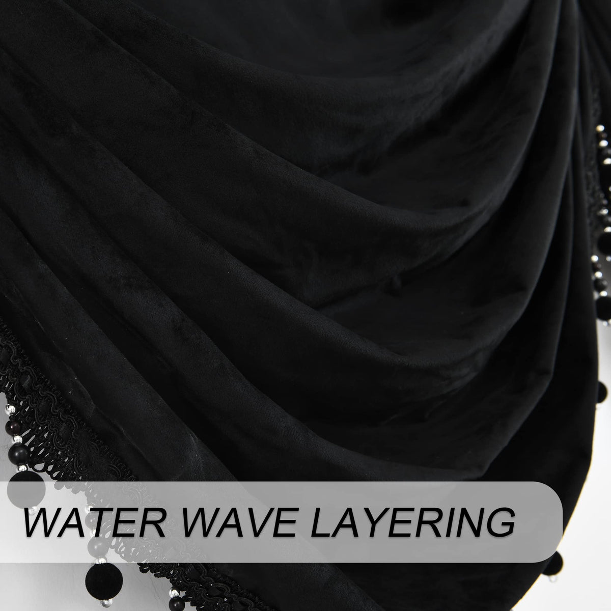 OYRING Black Velvet Rod Pocket Waterfall Valance for Living Room Window Valances for Kitchen (1 Panel, W39 Inch, Black)