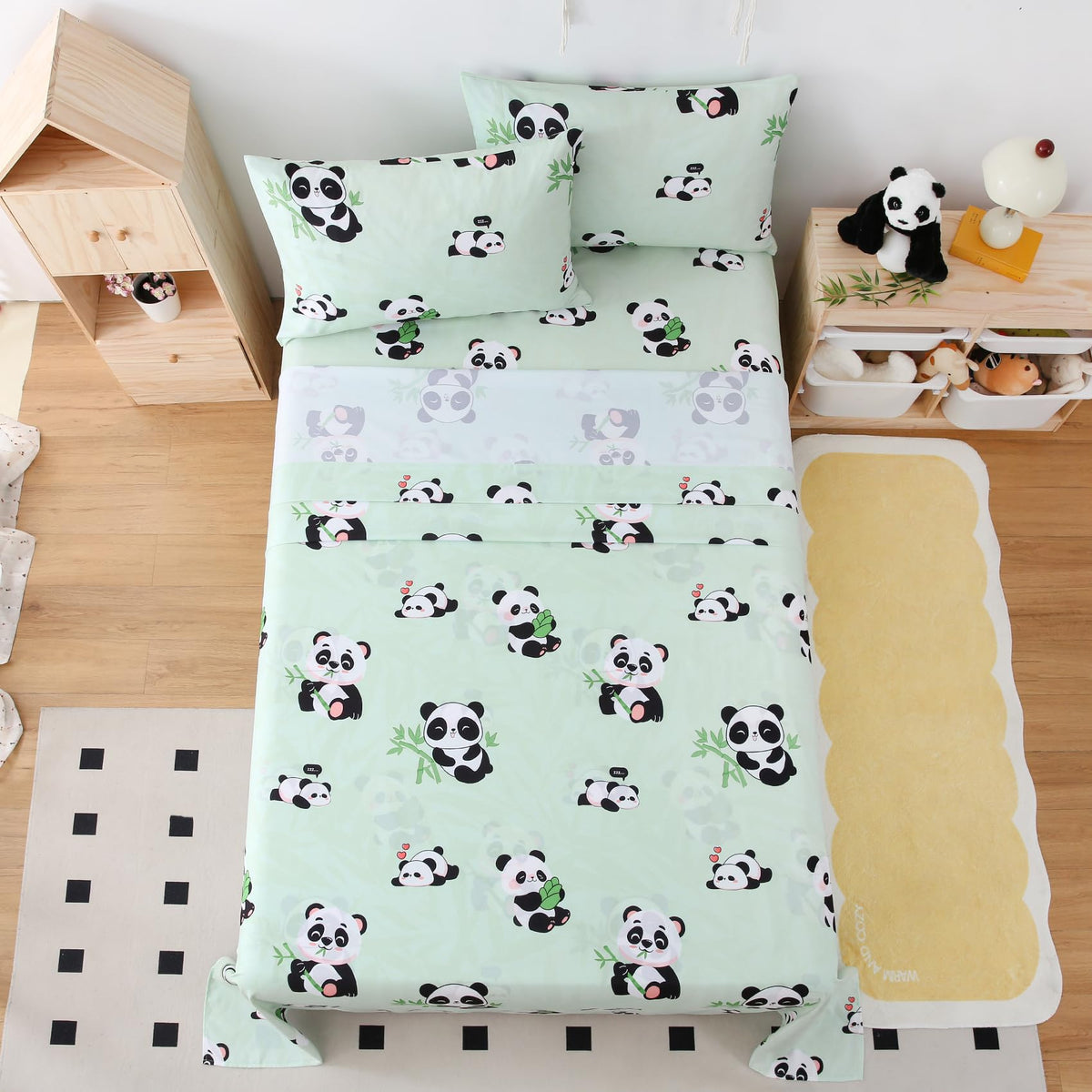 Yibeizi Full Size Sheets Set Kids, Sage Green Panda Pattern Microfiber Double Bed Sheets, Cute Soft Oeko-Tex Extra Deep Pocket Sheets & Pillowcases Cooling Hypoallergenic Wrinkle Free Bedsheets
