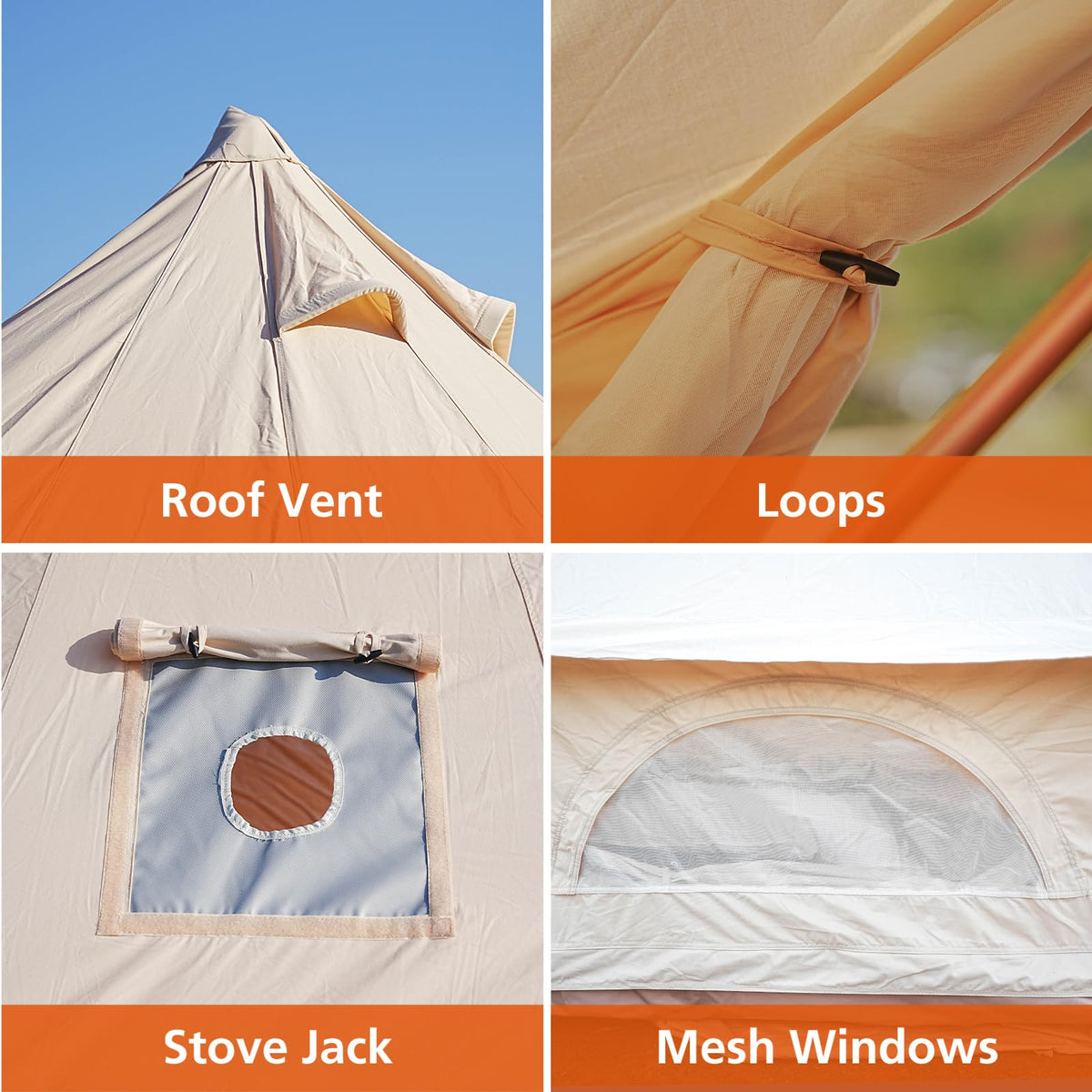 Canvas Bell Tent with Stove Jack - Waterproof and Breathable Yurt, Glamping Tent with Detachable Groundsheet for Camping Party