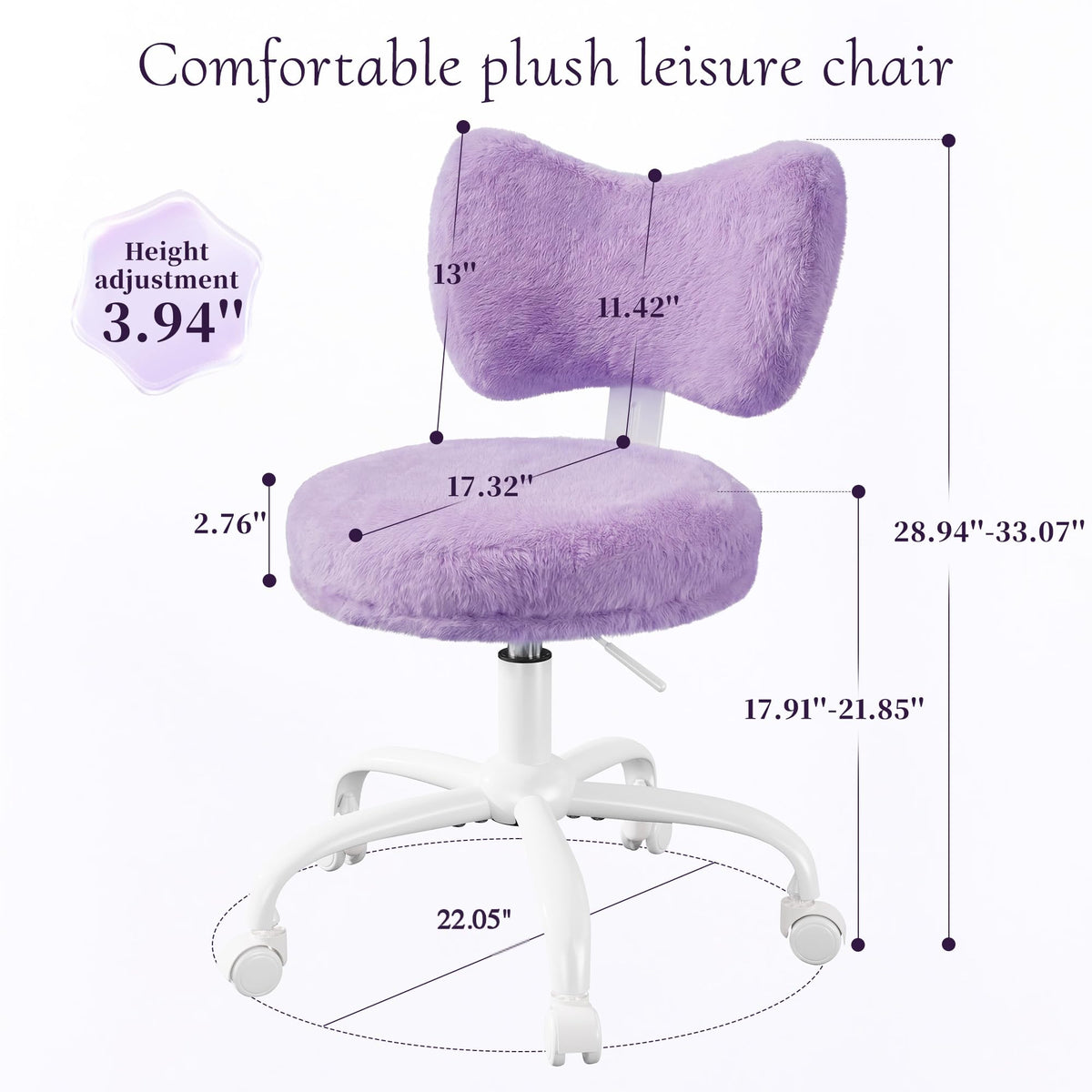Homkdom Vanity Chair with Wheels, Cute Desk Chair with Bow Backrest, Fluffy Faux Rabbit Fur Small Office Chair for Vanity, Make-up Room, Bedroom, Dorm, Height Adjustable, Purple