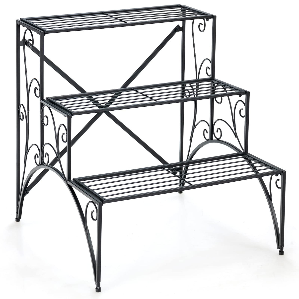 Giantex 3 Tier Metal Plant Stand, Black Corner Plant Stand Indoor w/ Widened Grid Shelf & Non-Slip Foot Pads, Display Rack Holder for Outdoor Porch Garden Patio Balcony