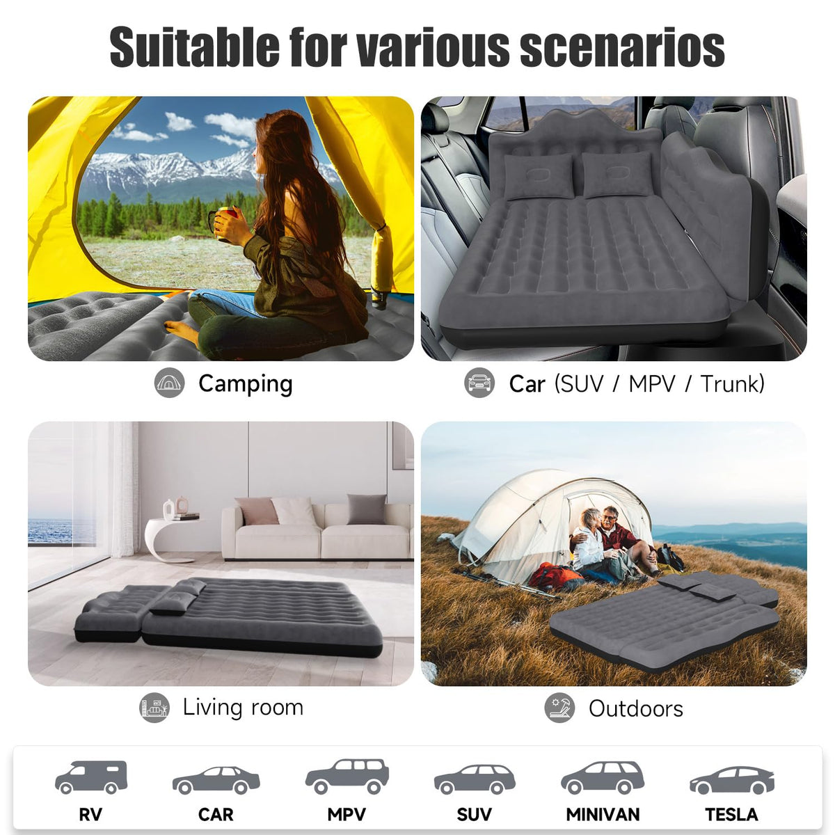DikaSun Car Air Mattress, Inflatable SUV Truck Air Mattress Back Seat Camping Bed Thickened Car Sleeping Pad for Travel, Car Bed SUV Mattress with Air Pump 2 Pillows