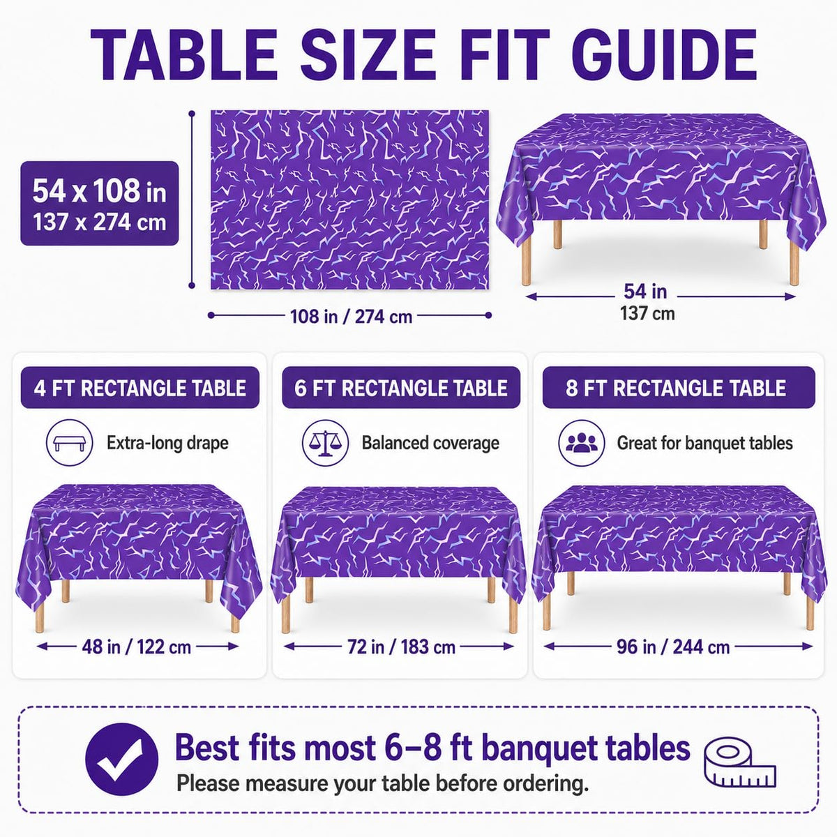 ANLLECR 3Pcs 54 x 108 Inch Purple Demon Lightning Theme Disposable Tablecloth, Waterproof Plastic Table Cover for Birthday Party, Music Themed Party, Halloween & Event Decorations