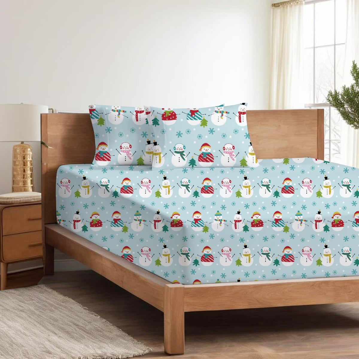Shreem Linen Queen Sheet Set - 4 Piece Bedding - Brushed Microfiber Soft Sheets for Queen Size Bed with Flat,Fitted Sheet,2 Pillow Cases (Starry Snowmen)