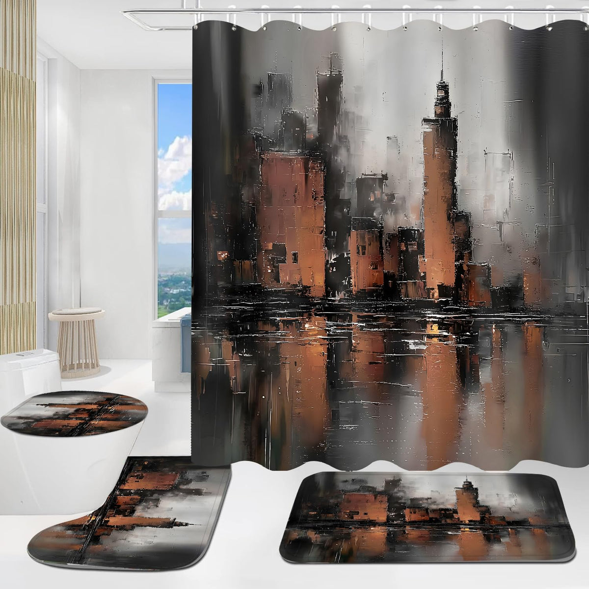 Yddsky 4 Pcs Black and Brown Geometric Shower Curtain Sets with Rugs Black Bathroom Sets with Shower Curtain and Rugs Modern Bathroom Curtains with Toilet Lid Cover for Bathroom Decor Accessories