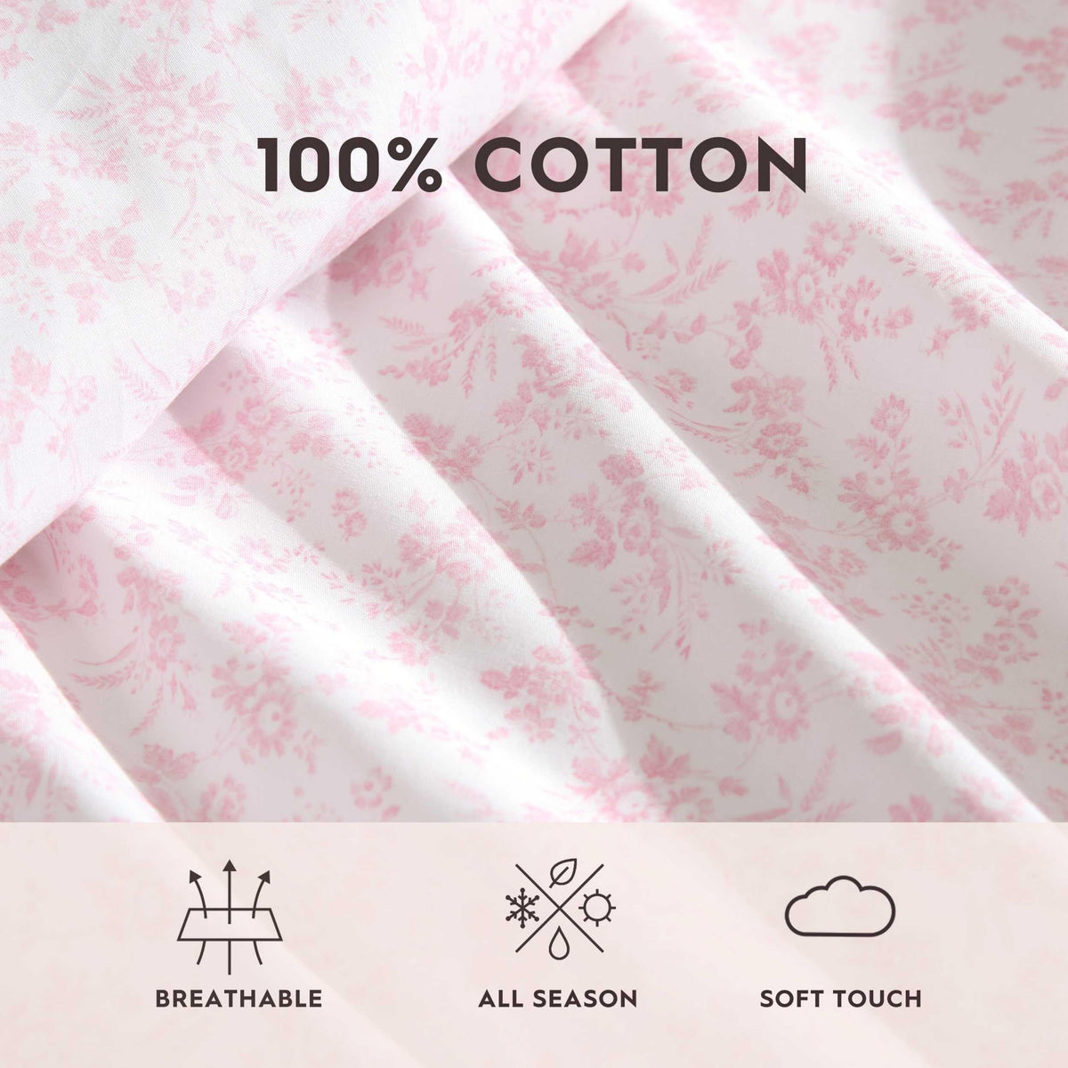 Laura Ashley - King Sheet Set, Crisp & Cool Cotton Percale Bedding with Deep Pockets, Lightweight for Year Round Comfort, Bed Sheets with Matching Pillowcases (Floral Toile Pink)