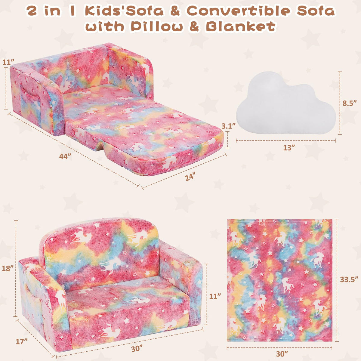 Foryoomi Extra Wide Kids Couch, Kids Sofa, Toddler Sofa, Glow in The Dark, 2-in-1 Soft Toddler Couch with Blanket and Pillow, Pink
