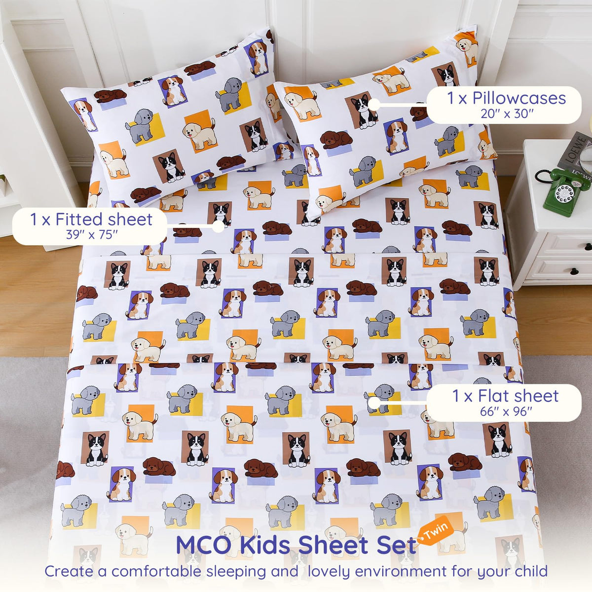 MCO Pet Dog Twin Sheets Set for Kids, Soft Microfiber Bed Sheet Set for Boy Girls, 3 Pieces Breathable Twin Sheets with 1 Flat Sheet 66" x 96", 1 Fitted Sheet 39" x 75", 1 Pillowcase 20" x 30"