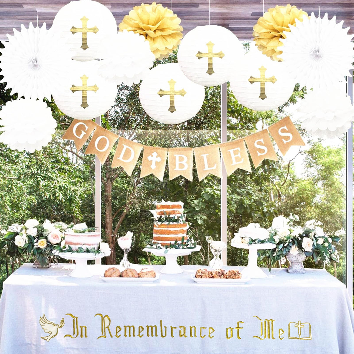 Large In Remembrance of Me Silver Thread Embroidery Altar Frontal Holy Communion Table Cloth Cover 96x52Inch White Rectangle Communion Table Cloth for Church for Gatherings Baptism Ceremonies(Silver)