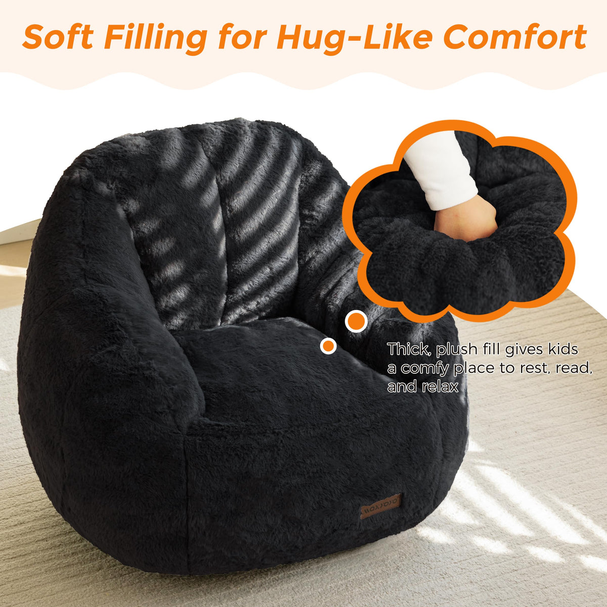 MAXYOYO Kids Bean Bag Chair, Comfy Bean Bag Sofa with Back Support, Faux Fur Cute Chair for Boys and Girls, Stuffed Floor Sofa for Nursery, Bedroom, Black