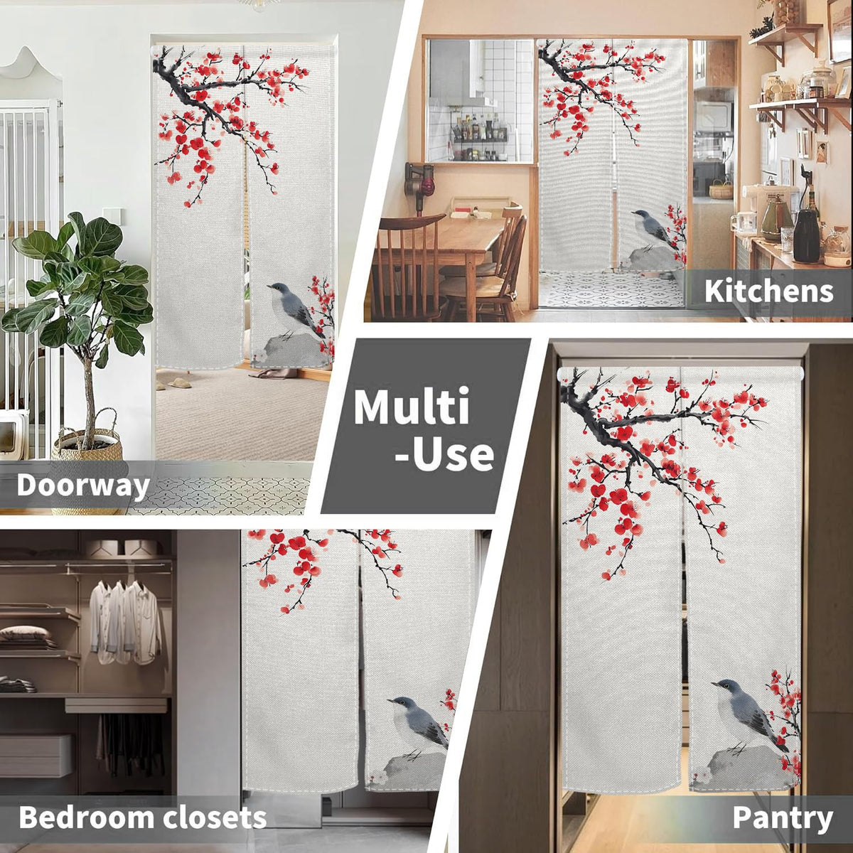 Leowefowa Long Japanese Noren Doorway Curtain Chinese Style Window Treatment Bird Printing Hanging Door Curtain Tapestry Panel for Room Divider Home Kitchen Decorations (Red, Blossom), 33.5"x 70.9"