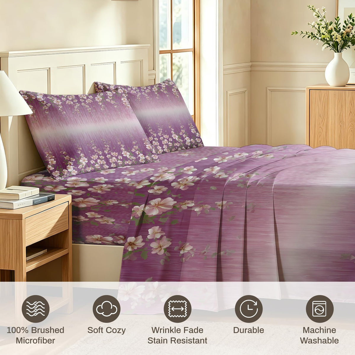 Girls Flower Queen Sheet Set 4 Pcs Purple Gradient Bed Sheets