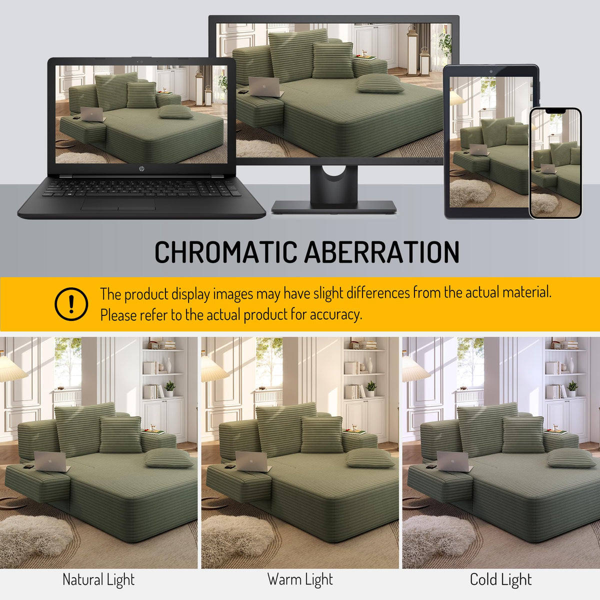 Haquiro 60.2" Oversized Chaise Lounge Chair, Boneless Corduroy Cloud Couch, Deep Seat Convertible Sofa Bed with 3 Pillows, Wide Armrests, Side Pocket, No Assembly (Green)