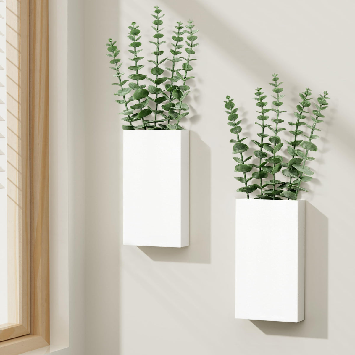 2 Pack Metal Wall Planter Vases Decor with Artificial Eucalyptus, Modern Farmhouse Rustic Hanging Pocket Planters for Indoor Greenery and Flowers, Living Room Bedroom Kitchen Decoration, White