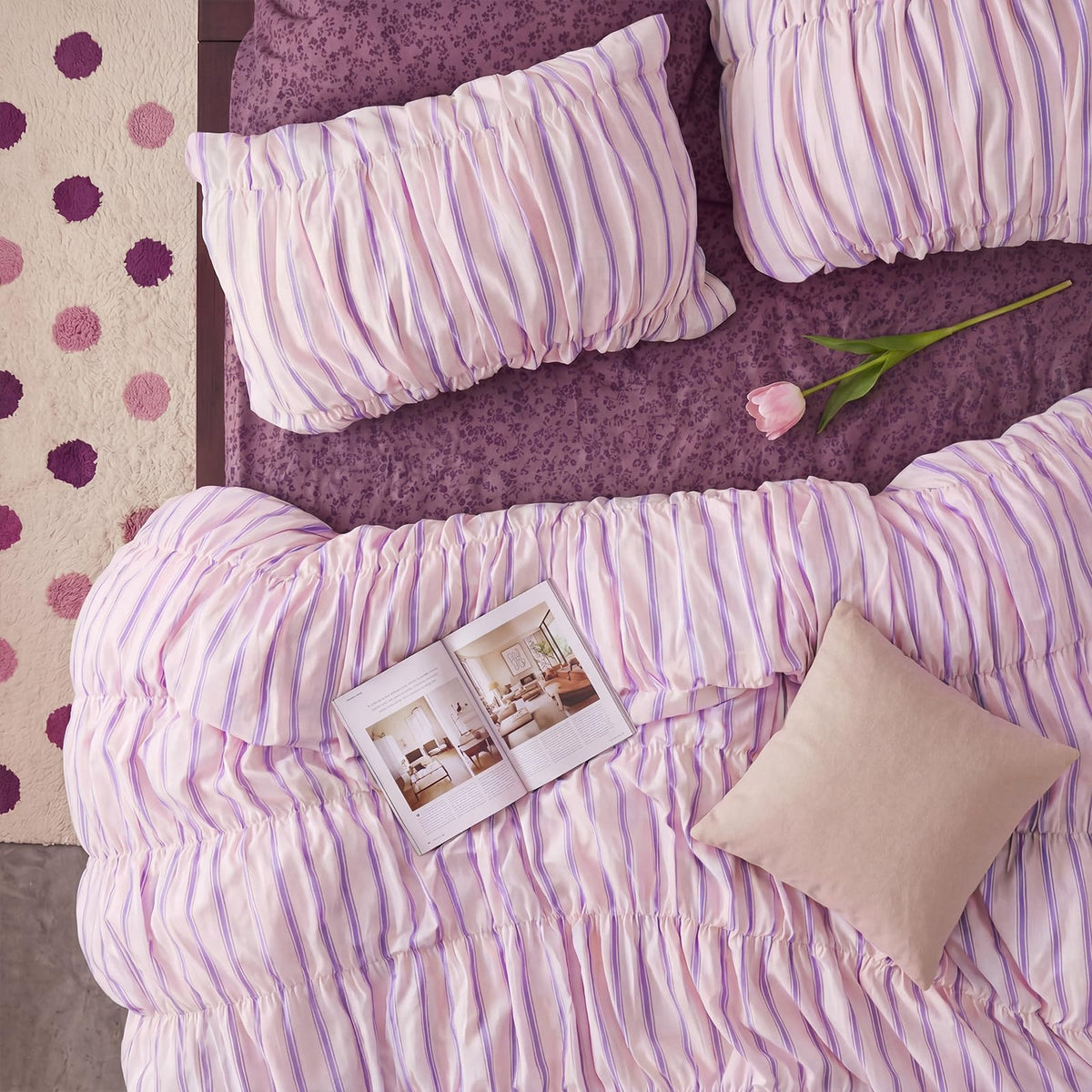 Merryword Pink Ruched Duvet Cover Set Queen Size 100% Cotton Bedding Set Pink and Purple Striped Aesthetic Duvet Cover with Zipper Closure and 8 Corner Ties