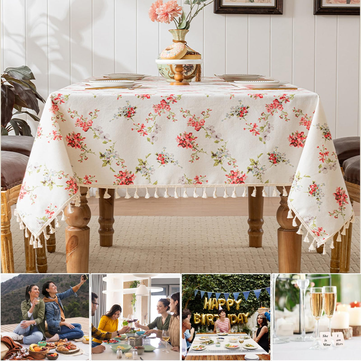 HOMLOVE Tablecloth Pastoral Style, Waterproof & Stain Resistant Table Cloth Wrinkle Free Table Cover for Dining/Kitchen/Patio, Washable Indoor & Outdoor Use (Red Flower, 55"X86")