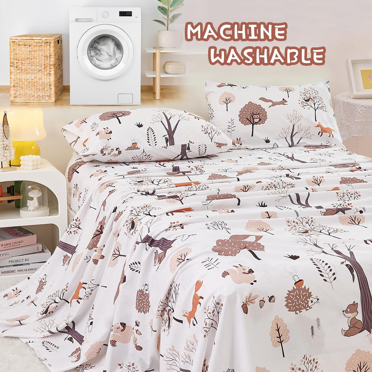 Yibeizi Woodland Forest Kids Sheet Set Full Size, Fall Animal Print Bedsheet Camper Themed Microfiber Deep Pocket Bedding Sheets & Pillowcases 4 Pieces