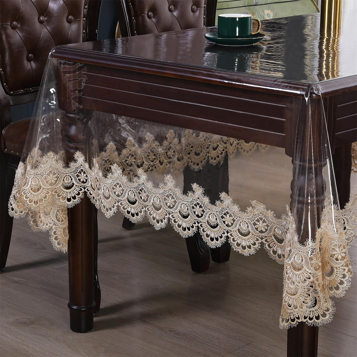 Clear Plastic Rectangle Tablecloth Vinyl Waterproof Table Cloth Embroidered Lace Edge Transparent Table Cover for Dining Kitchen Outdoor(52 x 70 inch, Coffee Style 3)
