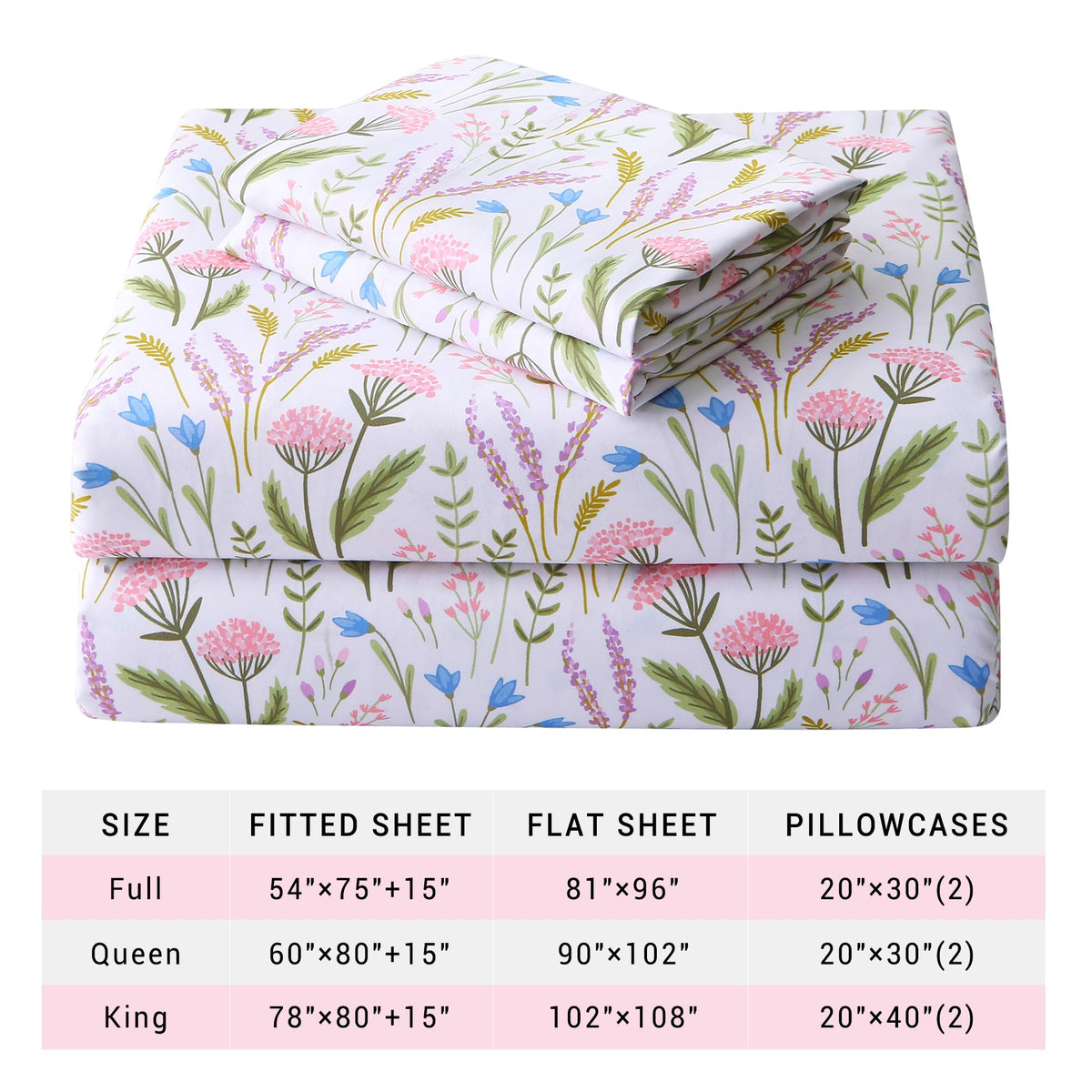 Viviland Floral Full Sheet Set - 4 Piece Lavender & Blue Bell Pink Cluster Botanical Patterned Bed Sheets - Soft, Breathable Microfiber Sheets with Deep Pocket, Non-Slip Fitted Sheets & Pillowcases
