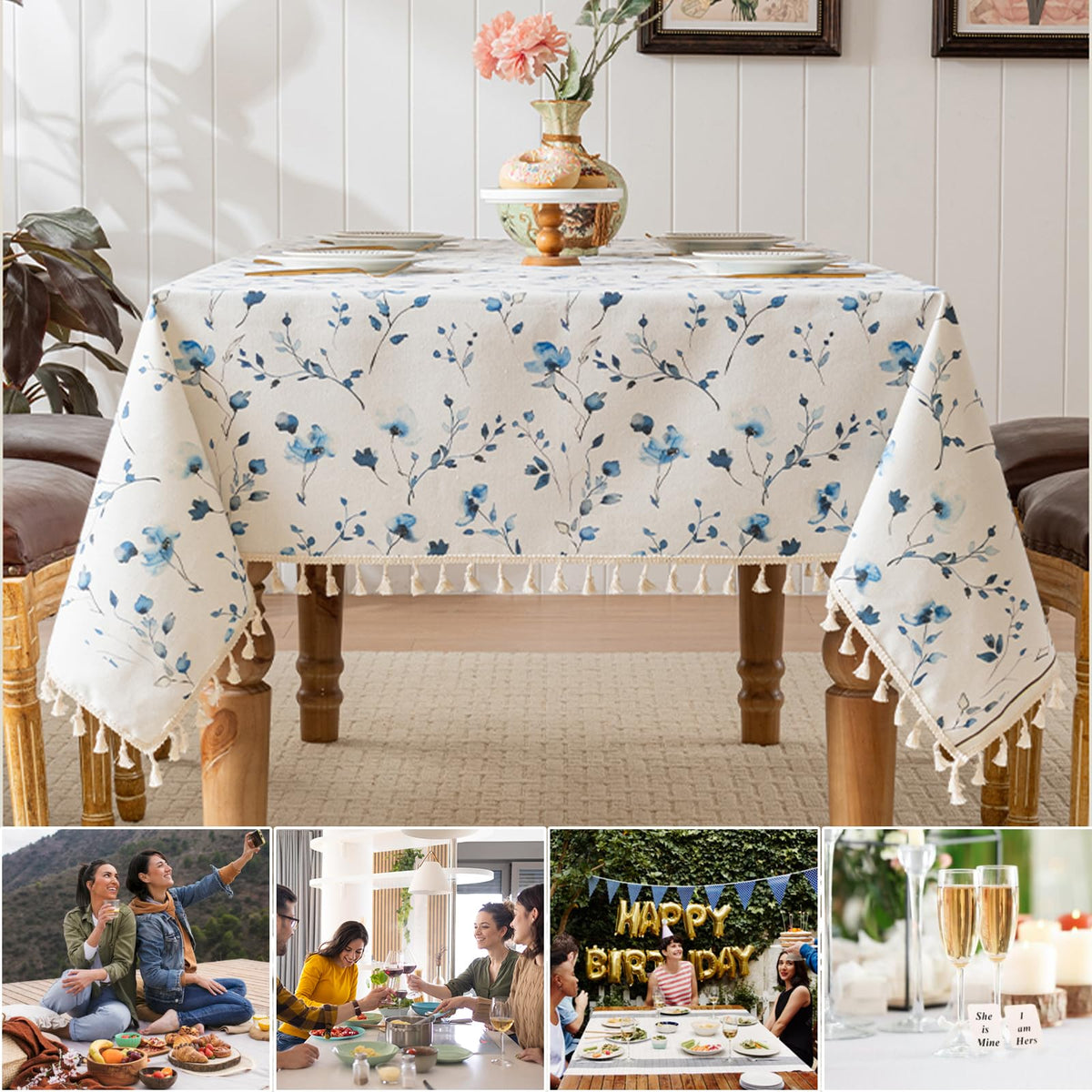 HOMLOVE Tablecloth Pastoral Style, Waterproof & Stain Resistant Table Cloth Wrinkle Free Table Cover for Dining/Kitchen/Patio, Washable Indoor & Outdoor Use (Blue Flower, Round 55"x55")