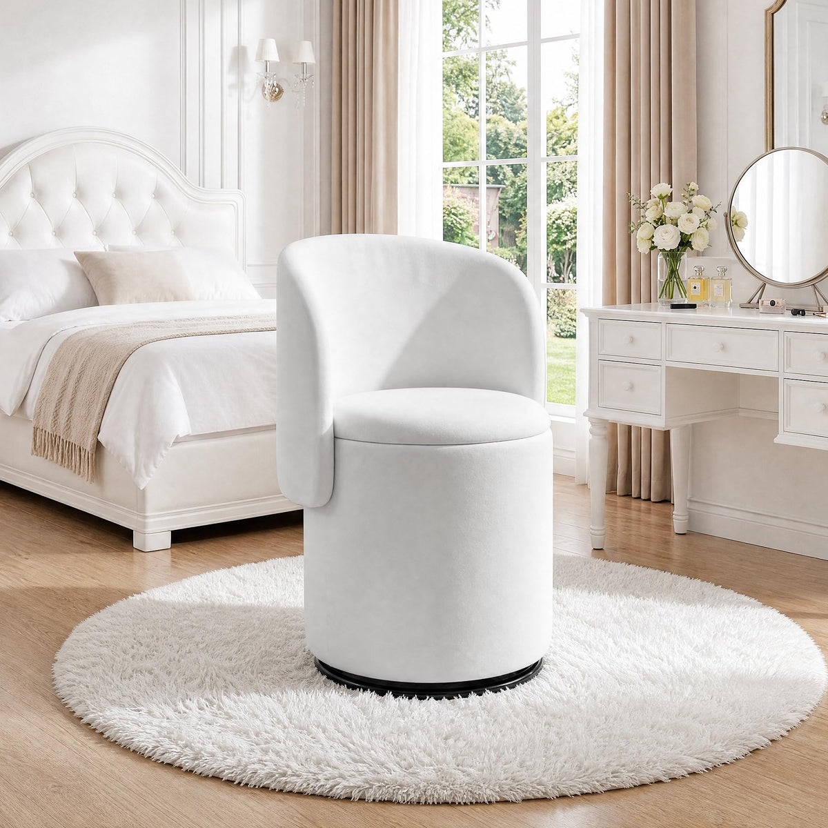 WOCFYK Makeup Vanity Chair with 360 Degree Swivel and Hidden Storage, Upholstered Barrel Accent Chair with Back, Matching Cat Bed Stool for Bedroom, Vanity Room, Living Room, White Velvet