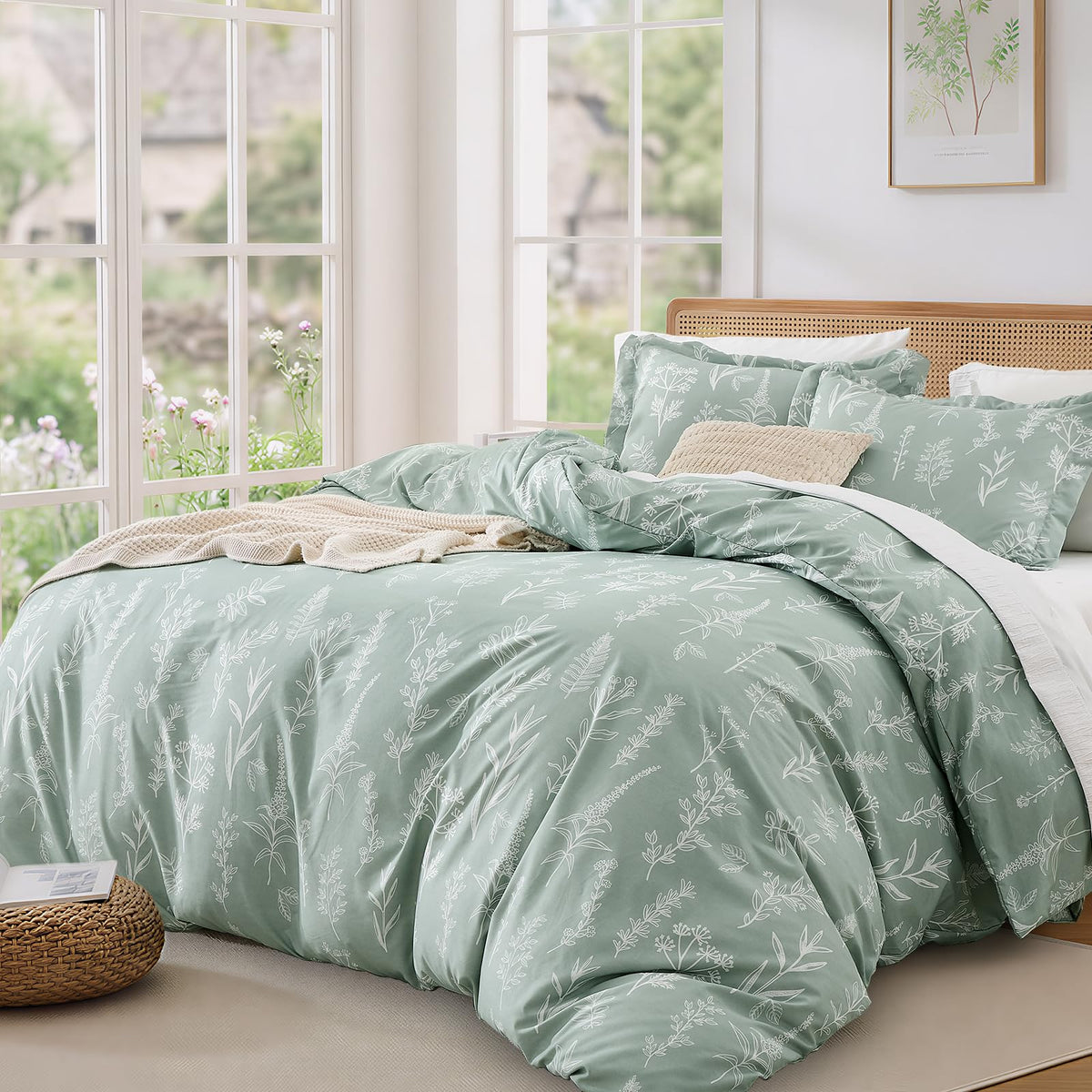 MUXHOMO Duvet Cover King Size, Reversible Floral Green Duvet Cover Set with Zipper Closure, 3 Pieces Botanical Patterns Soft Microfiber Bedding Set (90"x104", 2 Pillow Cases 20"×36")