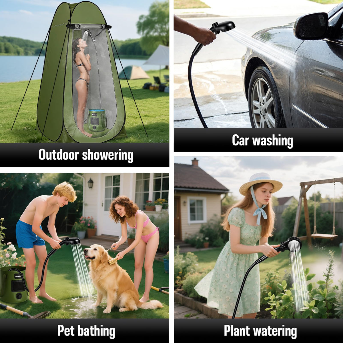 Motivekit™ Portable Camping Shower Tent Kit with LED Lights | 6.6 Gallons Foldable Bucket, 6000mAh Shower Pump, 6' 7" Shower Head, 1500W Immersion Heater, Summer Beach Outdoor Shower for Hiking Beach