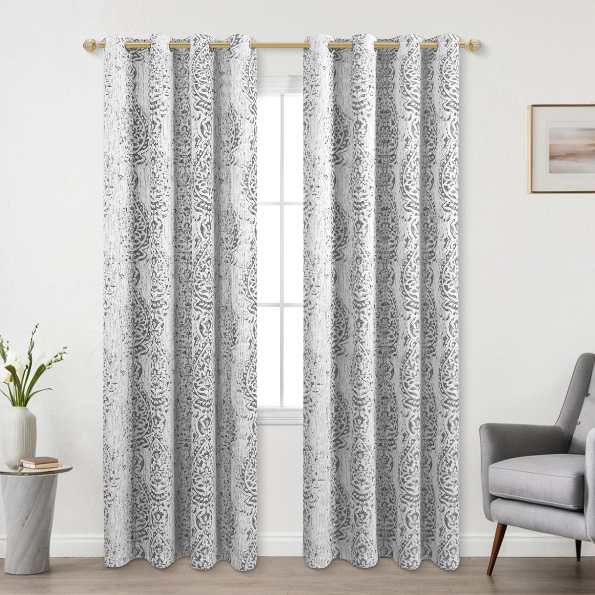 KOUFALL Patterned Blackout Curtains for Bedroom 84 Inch Long,Grey Light Gray Black Out Moroccan Geometric Pattern Curtains for Living Room 2 Panels Set