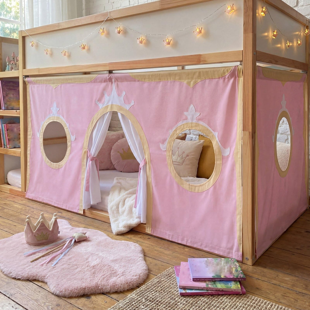 Hahafelt Low Bunk Bed Curtain Set - 2 Panel 59" 38" Underbed Peachskin Playhouse Loft Bed Privacy Play Curtains for Kids Bedroom Decoration Gift(Princess,Pink)