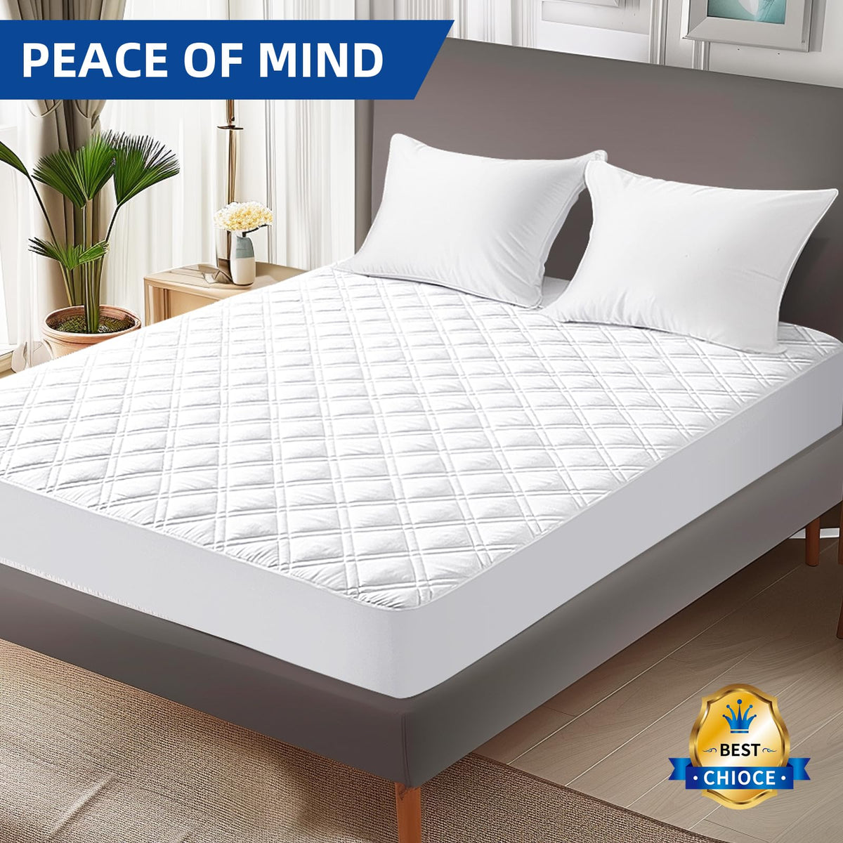 MEELUS Padded Queen Mattress Protector, Breathable Waterproof Mattress Pad Cover Fitted Deep Pocket 8"-21", Soft Noiseless Mattress Cover Washable Cooling for Home Hotel Bedroom, White