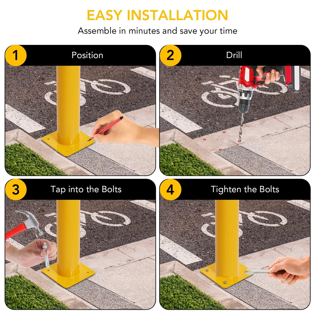 4-Pack 42 Inch Steel Safety Bollards, 4.5 Inch Diameter Parking Bollard Post with 16 Anchor Bolts, Yellow Safety Steel Bollard Post for Driveway Barrier, Traffic Control & Storefront Protection