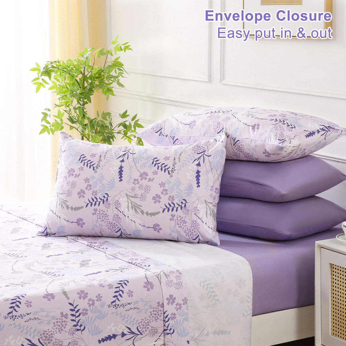 Botanical 6-Piece King Size Sheets Set, Boho Floral Print Brushed Microfiber Sheets, Cooling Bed Sheet Set, Ultra Soft & Breathable, 16' Deep Pocket Fitted Sheet & Pillowcase Set, Purple Floral
