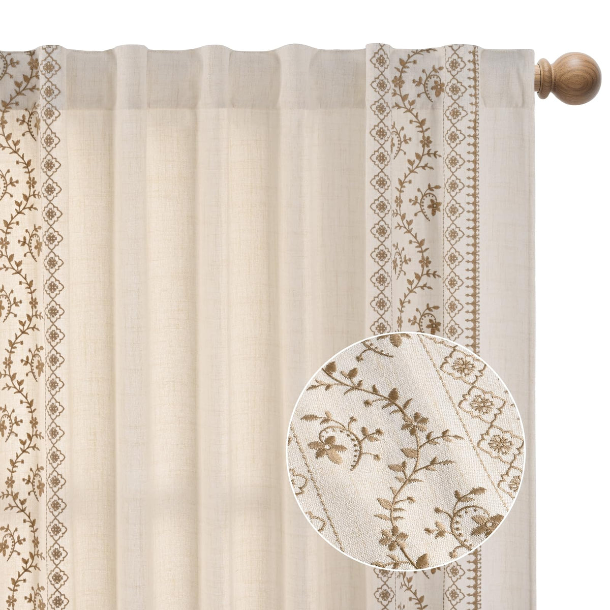 Yinhua Boho Curtains for Living Room 84 Inch Long Brown Embroidered Floral Bedroom Curtains, Farmhouse Light Filtering Window Curtain Rod Pocket & Back Tab Drapes, 52" W x 84" L, 2 Panels