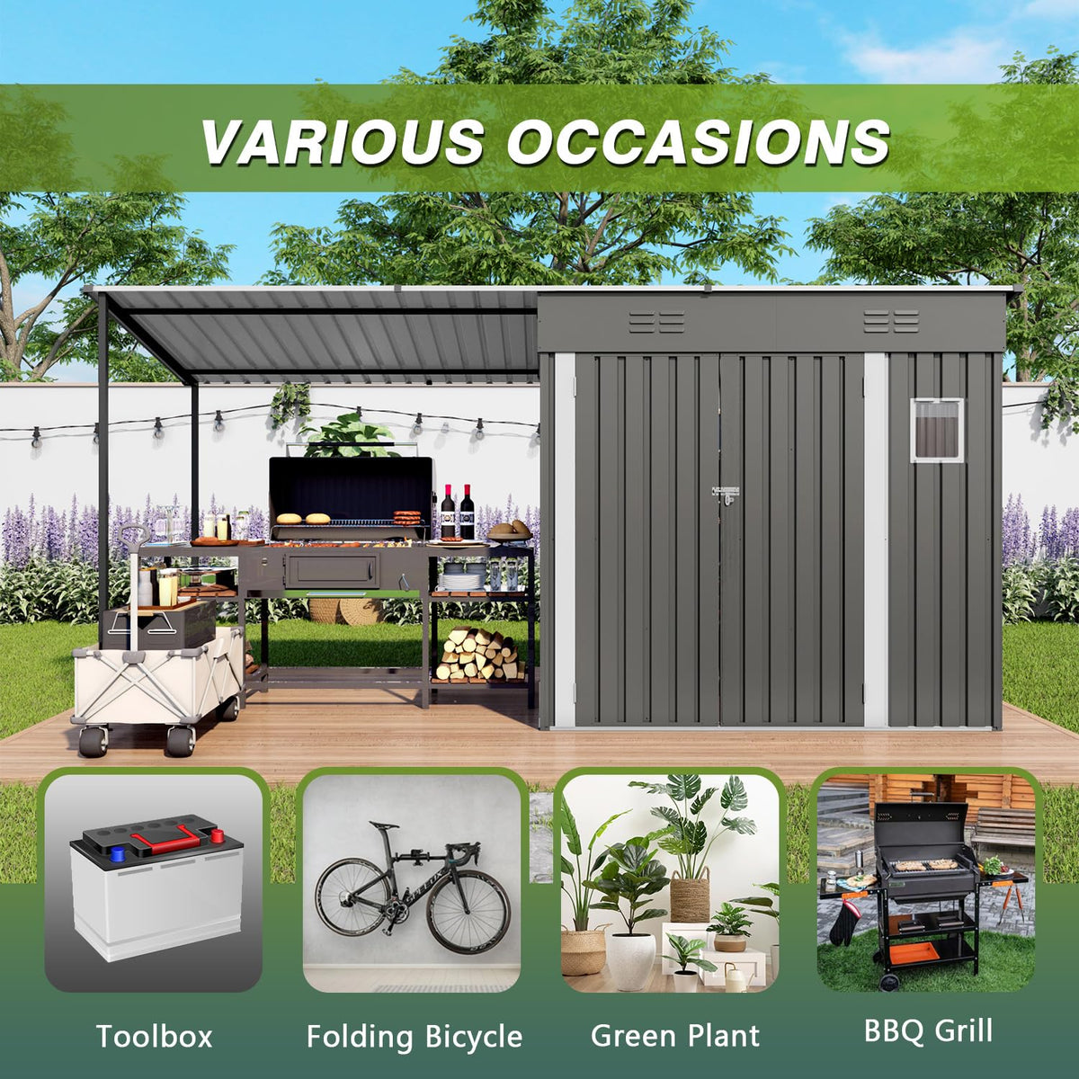 KEIKI Storage Shed 6x4 FT, Small Metal Tool Shed with Gazebo for Outdoor Storage, Galvanized Steel Garden Shed with Lockable Doors for Patio, Backyard, Lawn, Grey
