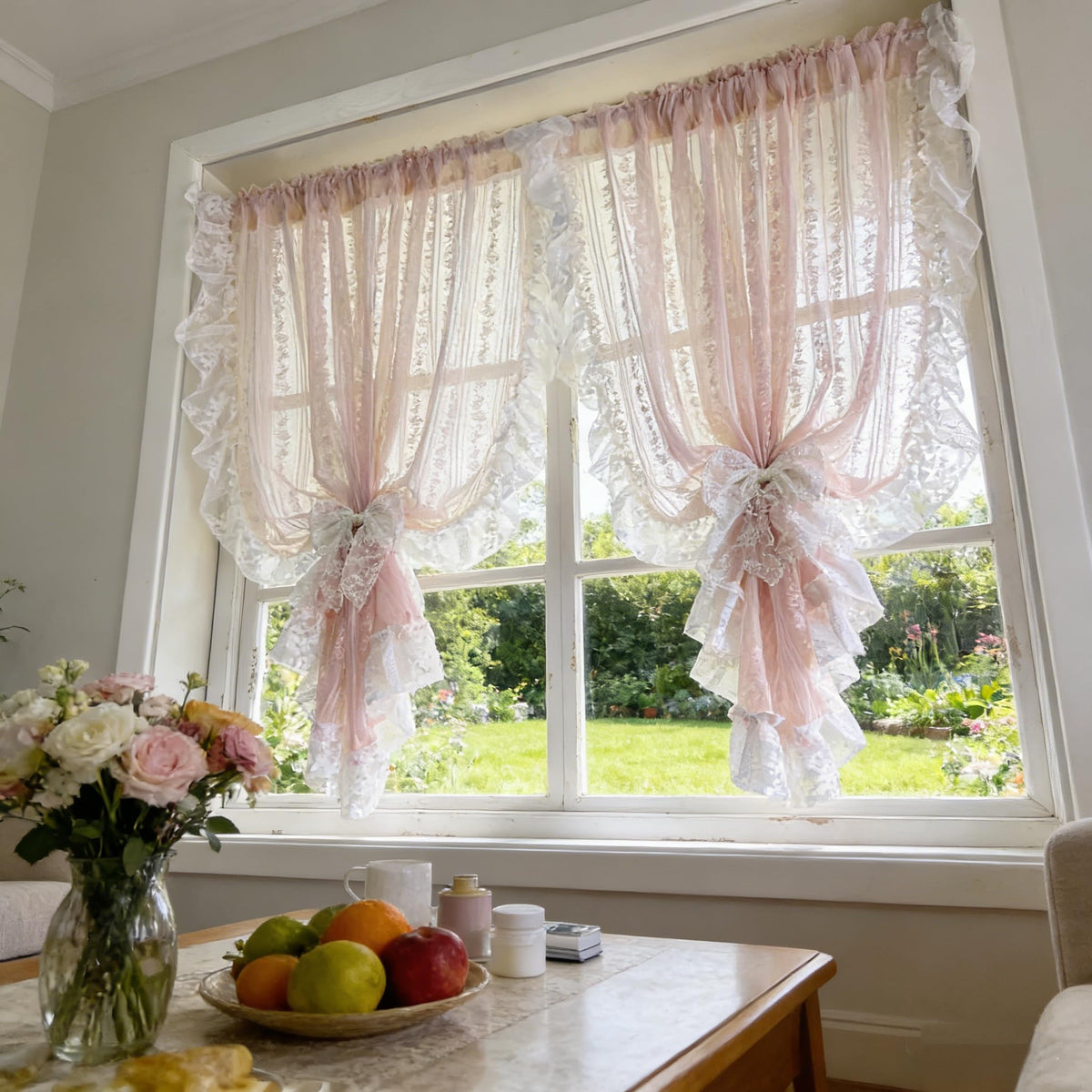 NewWPKIRA Floral Embroidery Sheer Lace Curtain with Ruffle Trim Romantic Gauze Curtains for Girl's Bedroom Living Room Rod Pocket Top 2 Panels (Pink,W59 x L47 inches)