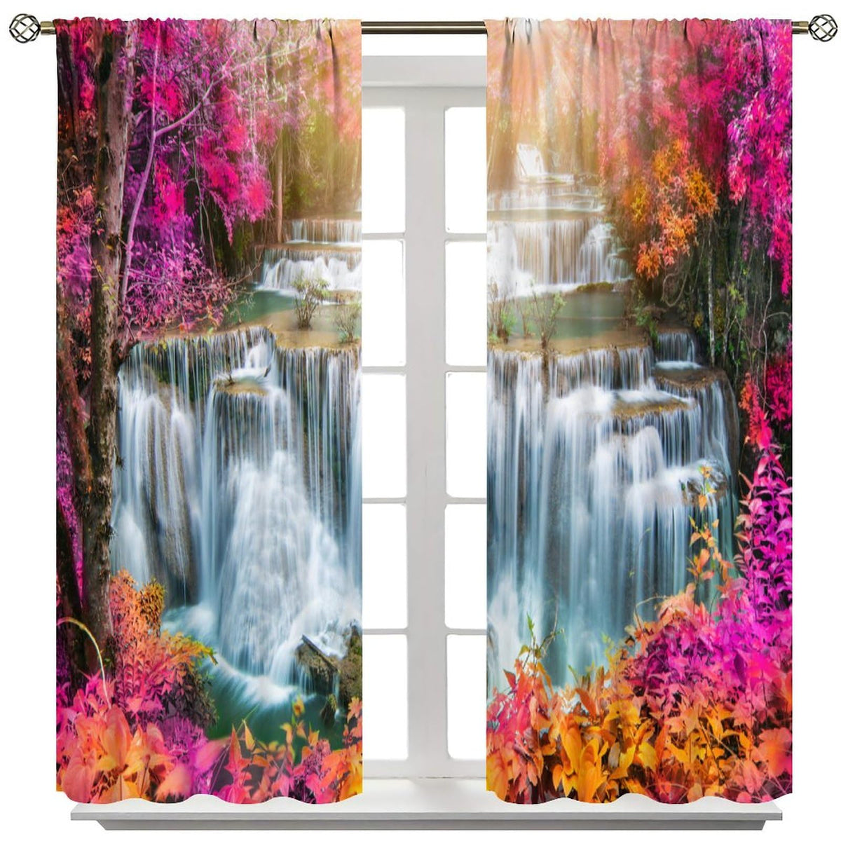 Focusbrite Waterfall Curtains,Spring Nature Theme Pink Floral Forest Landscape Scenery Pattern Waterproof Fabric Rod Pocket Window Drapes for Bedroom Living Room Cafe Set 2 Panels,42x45 Inches