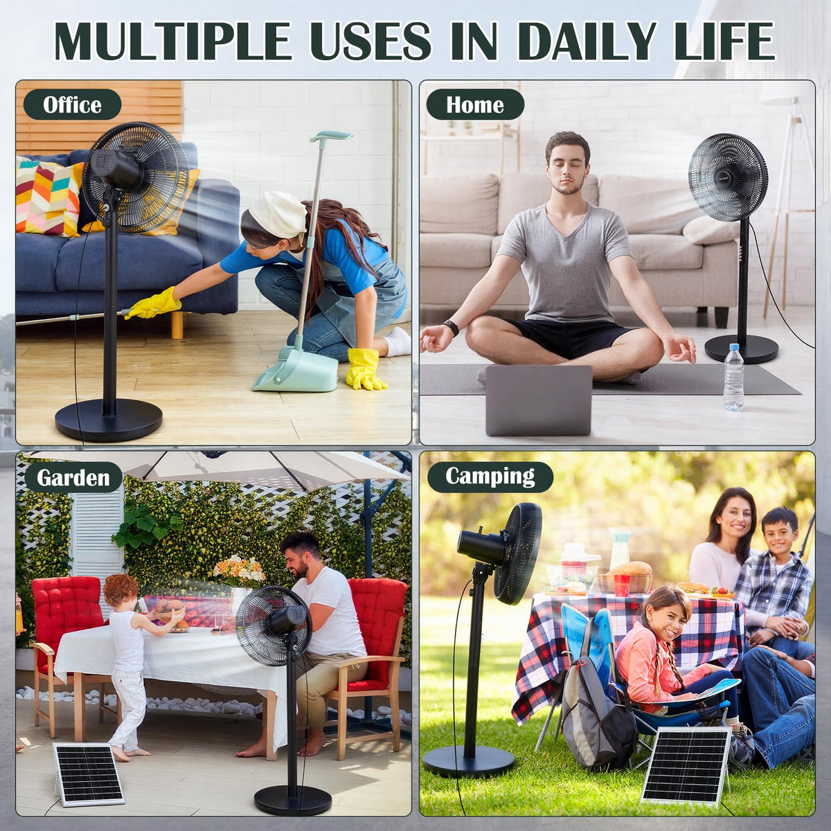 Grinsvalley 16 inch Solar Oscillating Standing Fan with Solar Panel, Portable Rechargeable Mobile Floor Fans, 14400mah Battery, Two Charging Methods, 4 Speeds, for Bedroom Study or Outdoor(Black)
