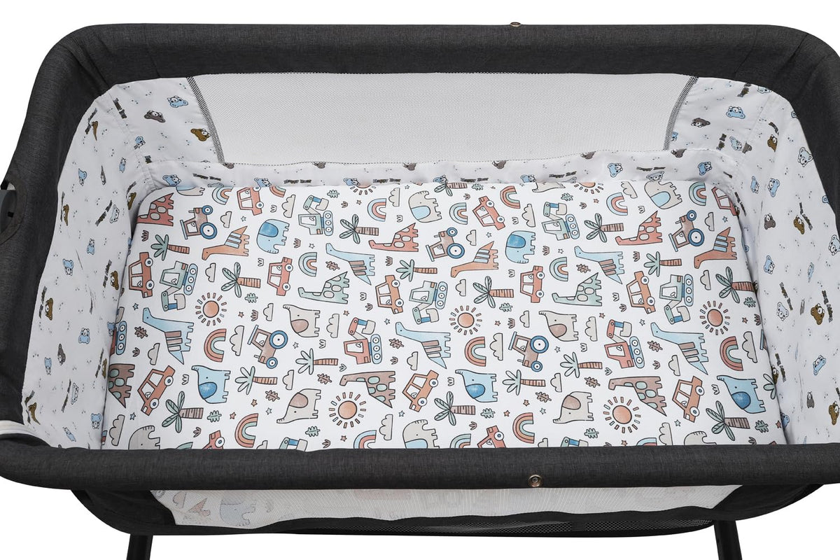 Tontukatu Stretchy Fitted Crib Sheets Set 2 Pack Portable Crib Mattress Topper for Baby Girl Boy,Ultra Soft Jersey Material, Light Blue & Car