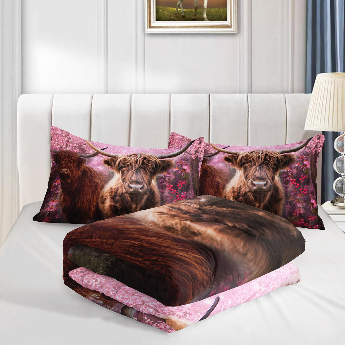 Cow Print Comforter Set 3Pcs Twin Size Cherry Blossom Cattle Bedding Set