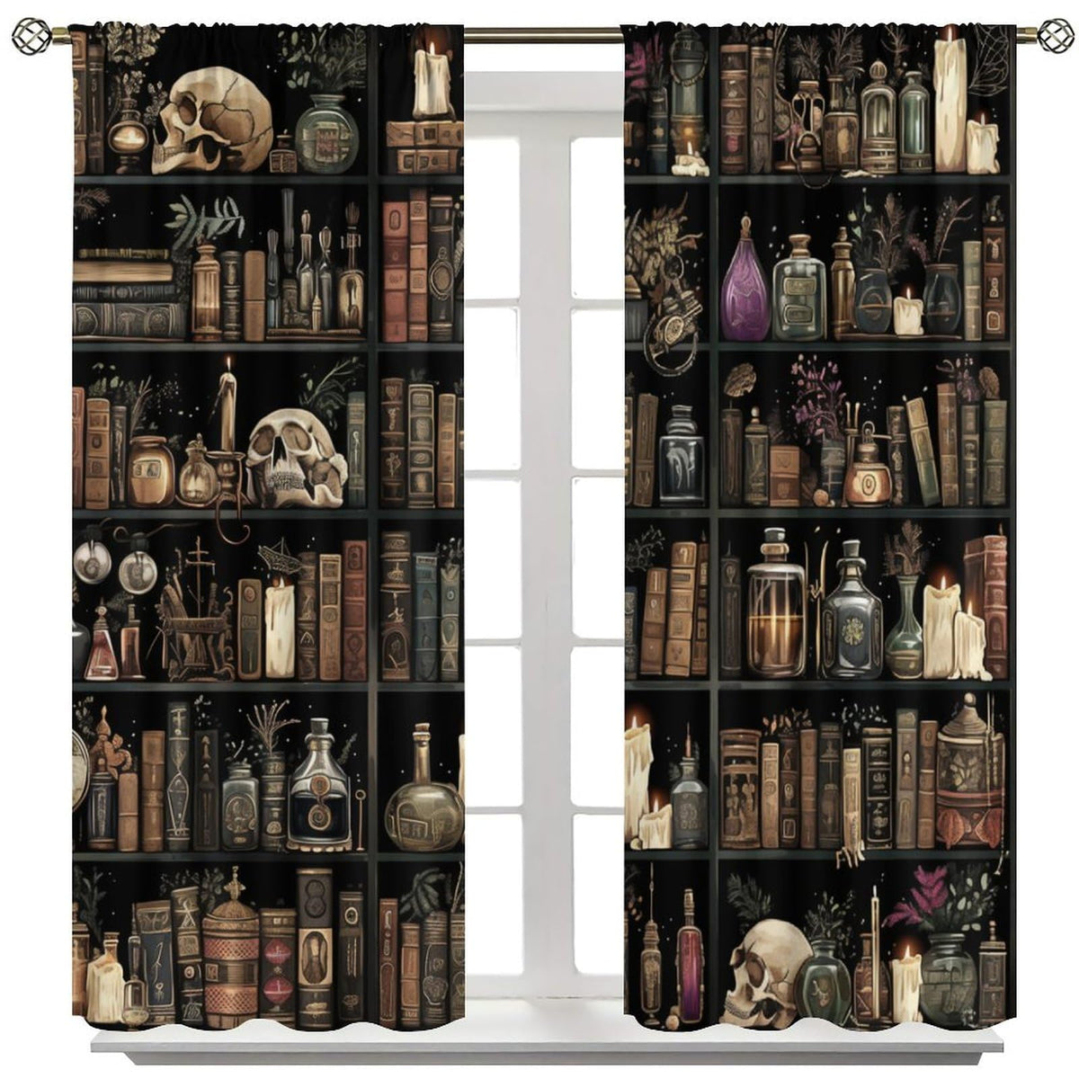 TOWINSFB Gothic Library Book Blackout Curtains, Retro Bookshelf Skull Floral Candles Home Decor Rod Pocket Window Drapes for Living Room Bedroom - 45" L x 42" W