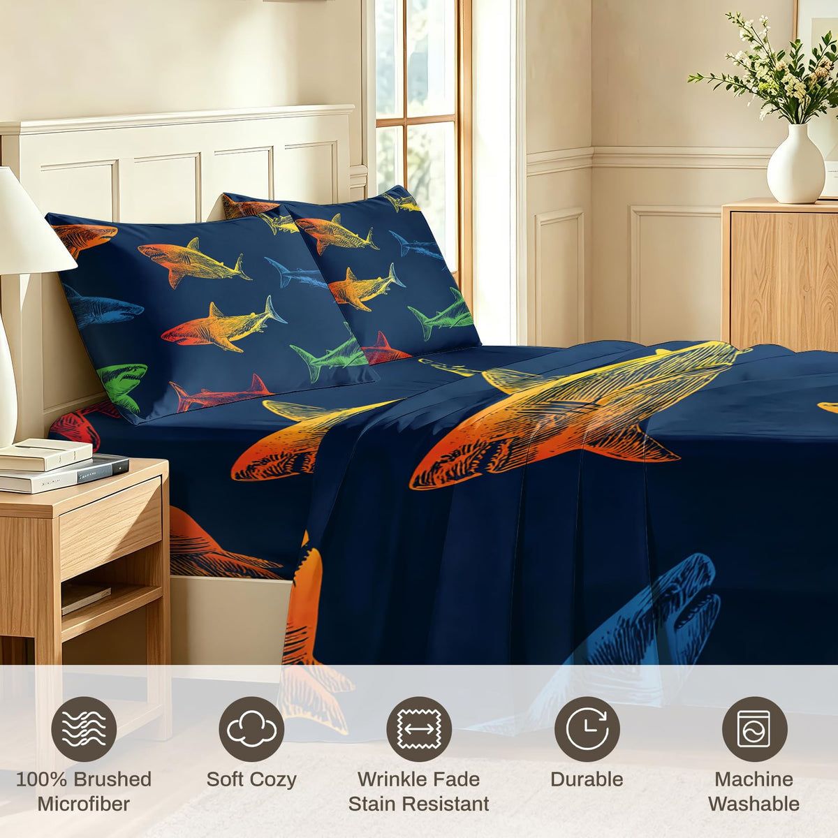 Shark Bedding Set 4 Pcs Marine Life King Sheets, Navy Blue